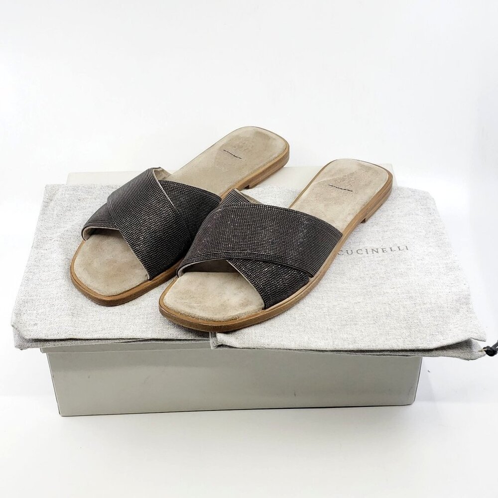 Brunello Cucinelli Monili Beaded Crisscross Flat Slide Sandals Suede 39 9 Italy